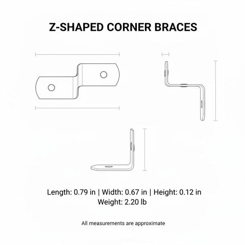 Diagram of 10-Pack Z Shaped Corner Braces for Picture Frames and Furniture, Chrome Plated Steel Right Angle Connectors, showing measurements.