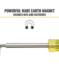 Grab And Go Multi Bit Tamperproof Screwdriver Kit with Rare Earth Magnet holding screw, yellow and steel handle visible.