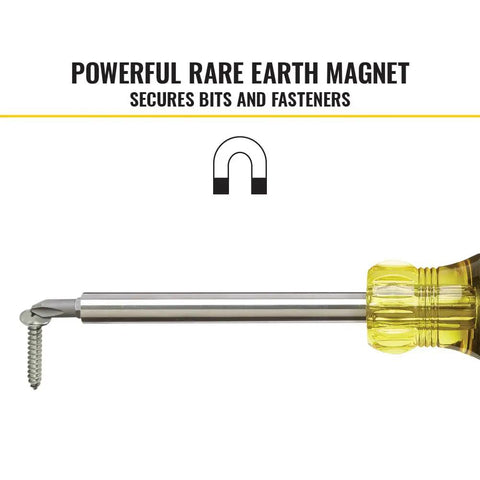 Grab And Go Multi Bit Tamperproof Screwdriver Kit with Rare Earth Magnet holding screw, yellow and steel handle visible.