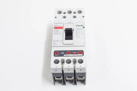 Heavy Duty HJD3150 Three Pole Thermal Magnetic Circuit Breaker 150 Amp 600 Volt with red toggle controls and mounting holes.