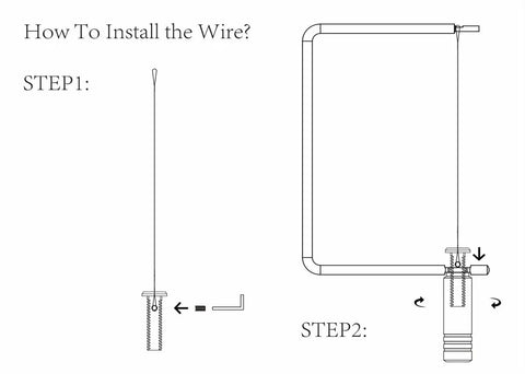 How to install wire for Solid Stainless Steel Cheese Slicer Kit with Grippy Handle and Hex Key, assembly steps illustrated.