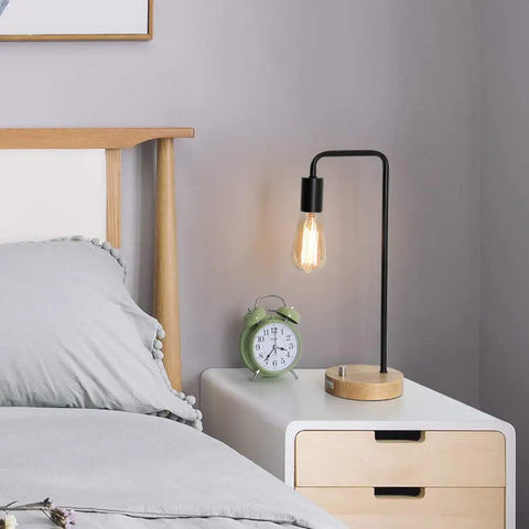 Industrial Desk Lamp With Vintage Edison Style Dope Look For Dorm, Office, Bedroom Or Living Room Space Saving Black Table Light, 16.9in Tall, 5.9in Wide, 67in Cord, Bulb Not Included on nightstand by bed