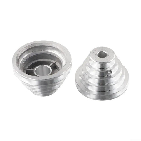 Heavy Duty Aluminum 5 Step Variable Pulley Kit For Benchtop Drill Press With 14mm And 22mm Bore, K26 Rubber Belt Included For Fast Drive Transmission On Small Motor Shafts. Two aluminum pulleys shown
