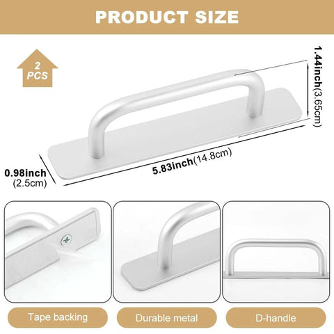 Adhesive Cabinet Handles 5.83 Inch 2 Pack No Drill Installation for Kitchen Cabinets Bathroom Vanities in Matte Black and Silver Finish.