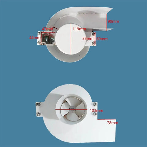 Top and side view of 150W Micro Hydro Generator For Off Grid Power, 12V/24V DC Portable Water Turbine, Low Head Axial Flow, Permanent Magnet