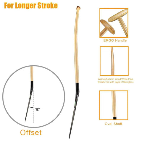 Hybrid Outrigger Paddle With Teardrop Carbon Blade And Fiberglass Reinforced Wooden Bent Shaft For Waka Ama Vaa L 50 Inches Lightweight Pro Grade Paddle Built For Ease Of Catch And Power Durable All Around Water Sports Paddle showing 12 degree offset, wooden shaft with ergonomic handle and oval cross-section.