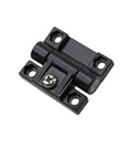 Black plastic foldable torque-damping hinge for industrial cabinet doors, 1 piece.