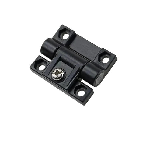 Black plastic foldable torque-damping hinge for industrial cabinet doors, 1 piece.
