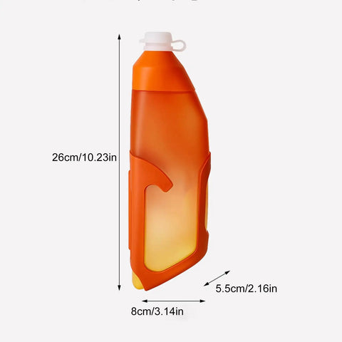 Aerodynamic Cycling Water Bottle 680ml Squeeze Flask Built For Stompin Pavement showing dimensions and secure handle design.