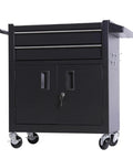 Real Deal Rolling Tool Chest With Two Secure Lockable Drawers And Heavy Gauge Cold Rolled Steel Build Designed Tough For Shop Grind And Weekend Warriors In Matte Black, front view on wheels.