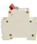 Top Notch Rock Solid Heavy Duty Two Pole Double MCB Circuit Breaker Rated Up To Sixty Three Amps At Five Hundred Volts For Solar PV Installations And Terminal Power Distribution Setups Ready To Roll side view image showing connections and safety mechanism.