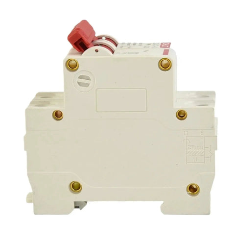 Top Notch Rock Solid Heavy Duty Two Pole Double MCB Circuit Breaker Rated Up To Sixty Three Amps At Five Hundred Volts For Solar PV Installations And Terminal Power Distribution Setups Ready To Roll side view image showing connections and safety mechanism.