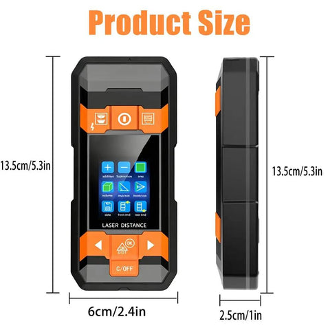 Dead On 4 In 1 Stud Finder Wall Scanner With Laser Range Finder dimensions shown, measuring 13.5cm by 6cm by 2.5cm.