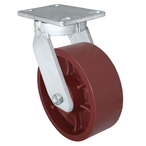 8 Inch Doggone Kingpinless Heavy Duty Swivel Caster With Red Ductile Iron Wheel, side view showing steel legs for industrial use.