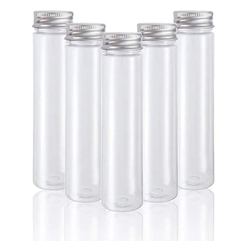 18 Pack 115 Ml Clear Plastic Test Tubes With Screw Caps Flat Bottom Great For Bath Salts Candy Party Favors Weddings Christmas Decor And DIY Craft Projects In Clear PET Containers, five tubes
