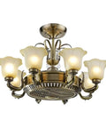 Eight Head Glass Ceiling Fan With Built-In Light And Wireless Remote Featuring Top Shelf Retro Design with six glass shades.