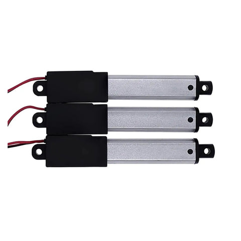 Electric Linear Actuator 12V DC Motor With 30mm And 50mm Stroke Options 30N 60N Or 100N Built Tough Quiet Operation Compact Durable Design For Home Appliances DIY Projects Robotics And More. Three 12V DC actuators with metal bodies and red wires