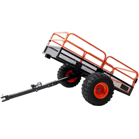 Heavy Duty Dump Cart 1500 Lb Capacity Tow Behind Trailer for ATV UTV Tractor with steel bed in tilted position showing orange rails