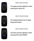 Gotta love this BACAUTOPARTS 12 Volt Blue Led Backlit Dpdt Momentary Rocker Switch showing on/off positions and illuminated details.