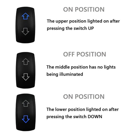 Gotta love this BACAUTOPARTS 12 Volt Blue Led Backlit Dpdt Momentary Rocker Switch showing on/off positions and illuminated details.