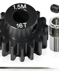 M1.5 16T Pinion Gear With 8mm Bore And 8mm To 5mm Shaft Adapter Sleeve, chromium steel gear, set screw, hex key for RC cars