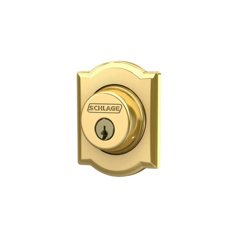 Camelot Trim Deadbolt With Keyed Entry, exterior grade security lockset in bright brass finish, close-up view