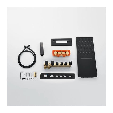 RIBEUJIZS Digital Shower System installation components including brass valves, controls, and hoses on a white surface.