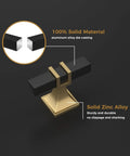 Close-up of 6 Pack 2 Inch Black And Gold T Bar Cabinet Knobs Matte Black Hardware with solid material details