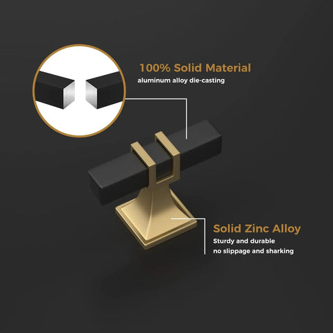 Close-up of 6 Pack 2 Inch Black And Gold T Bar Cabinet Knobs Matte Black Hardware with solid material details