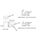 Technical drawing of Mini DC Linear Actuator With 150N Beefy Thrust, 15mm Stroke showing dimensions and wiring.