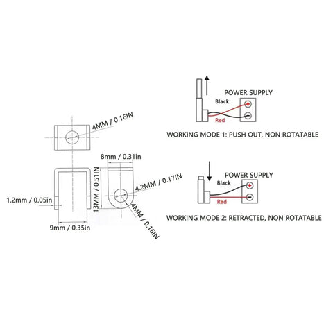 Technical drawing of Mini DC Linear Actuator With 150N Beefy Thrust, 15mm Stroke showing dimensions and wiring.