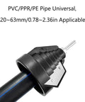 TopHomer Heavy Duty External Chamfering Tool For Pipework close-up of sturdy metal blade on PVC pipe, designed for 20-63mm, 0.78-2.36in tubing.
