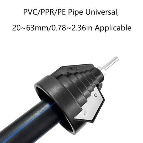 TopHomer Heavy Duty External Chamfering Tool For Pipework close-up of sturdy metal blade on PVC pipe, designed for 20-63mm, 0.78-2.36in tubing.