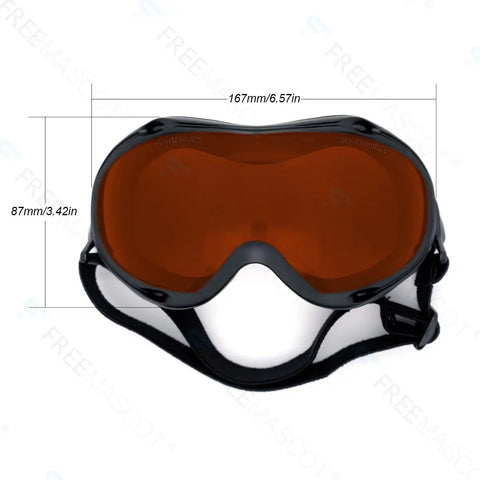 Heavy Duty Laser Safety Glasses Knocked Out With Mad Protection For Blue Violet Green Beams Sleek Black Frame Built Tough For Shop And Lab Tasks EN207 Certified OD6 Plus Filter, front view with measurements.
