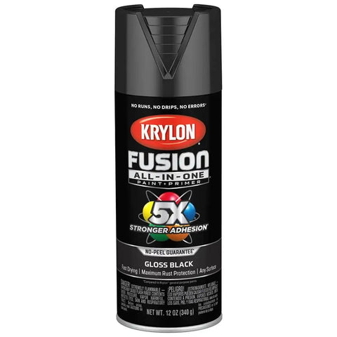 60 Pack Of 12 Oz Black Gloss Spray Paint And Primer Bundle Boasts Hella Tough Bonding With No Primer Stress And Heavy Duty Rust Barrier For Straightforward Indoors Or Outdoors Refreshes - 12 oz Krylon Fusion gloss black spray can.