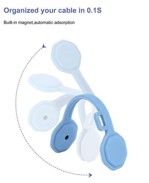 8 Pack Silicone Magnetic Cable Ties And Clips Cord Organizer Set featuring blue and white magnetic ties.
