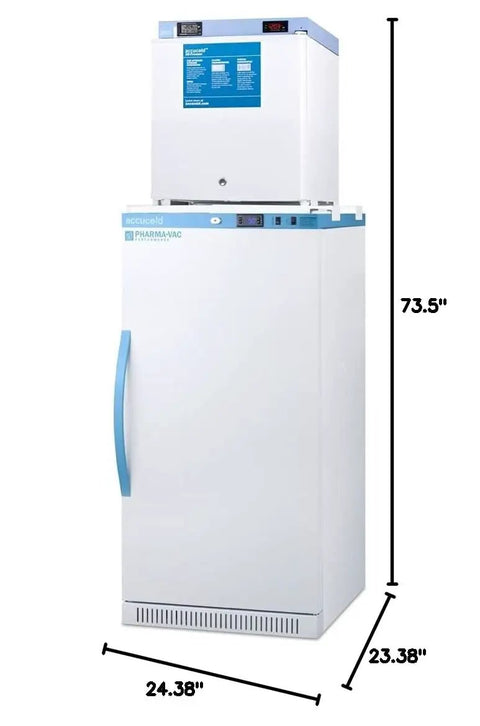 24 Inch Stacked Pharmacy Cooler And Manual Defrost Freezer Stack With Buttery Smooth Digital Controls And Dependable Independent Zones For Vaccine Storage That Is Solid Workhorse, showing dimensions and design.