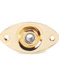 Top Notch Metal Oval Electric Guitar Jack Plate With Included Screws Fits Fender Strat And Tele Models For Super Crisp Tone And Hella Reliable Signal Transfer In Classic Gold, front view.