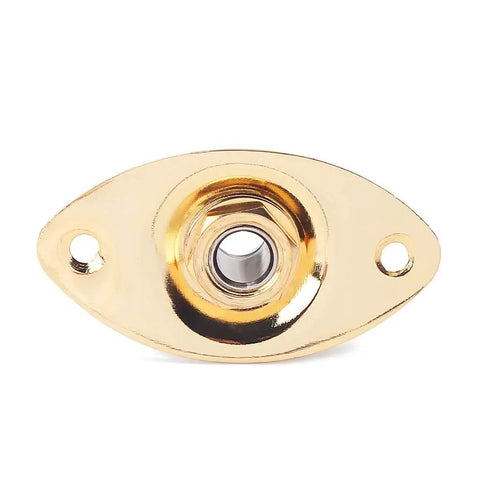 Top Notch Metal Oval Electric Guitar Jack Plate With Included Screws Fits Fender Strat And Tele Models For Super Crisp Tone And Hella Reliable Signal Transfer In Classic Gold, front view.