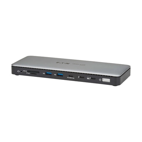 Slick Thunderbolt 4 Docking Station For Laptops Drives Dual Screens With 8K 60Hz Or 4K 144Hz Plug And Play showcasing ports and sleek design.
