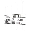 Sleek Black Four Tier Wall Mounted Storage Rack With Solid Aluminum Alloy Shelves For Living Room Decor Vintage Style Hanging Bookcase with books and decor.