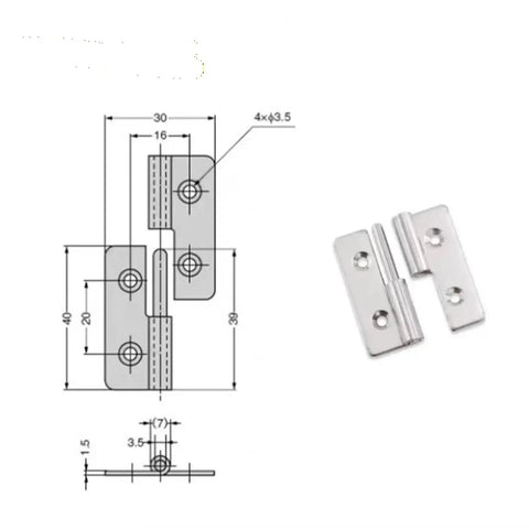 Detachable Door Hinge With Slip Joint Lift Flag, Stainless Steel Connector, 40x30x1.5mm, diagram and product image.
