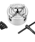 K72-100 Four Jaw Lathe Chuck For Manual Metal Turning with accessories, showing inner and outer jaws, 100mm diameter.