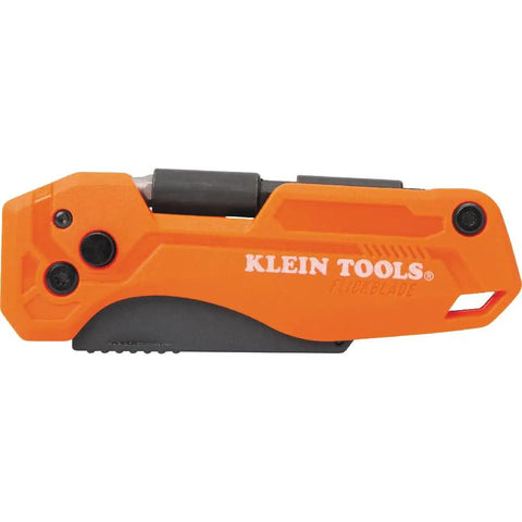 Flickblade Folding Utility Knife With Dual 135 Degree And 180 Degree Blade Positions Detachable One Quarter Inch Impact Driver And Number Two Phillips Bit For Quick Versatile Cuts, orange tool shown folded in side view.
