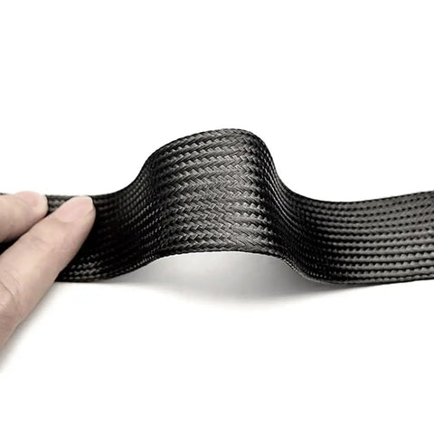 Close-up of 5m High Density Black Braided Carbon Fiber Cable Sleeving For Flexible Wire Management In Electronics Automotive And Industrial