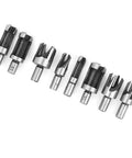 Heavy Duty High Carbon Steel Wood Plug Cutters 8 Piece Tapered Claw Drill Bits displayed in sizes 10, 13, 16 for countersinking.