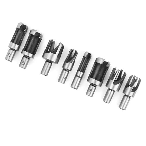 Heavy Duty High Carbon Steel Wood Plug Cutters 8 Piece Tapered Claw Drill Bits displayed in sizes 10, 13, 16 for countersinking.