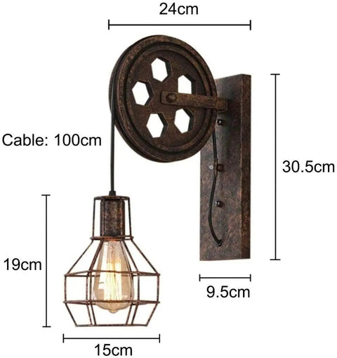 Set Of Two Retro Industrial Pulley Wall Lamps Crafted From Heavy Duty Vintage Metal With A Weathered Rustic Finish Perfect E27 Socket Compatibility wall lamp dimensions 30.5cm height 24cm width