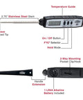 Waterproof Digital Meat Thermometer With Instant Read, 2.75 Inch Stainless Stem, Shatterproof Probe, showing various features and parts.