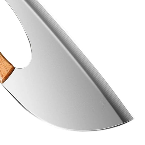 Close-up of Heavy Duty Stainless Steel Meat Cleaver blade, wooden ergonomic handle visible